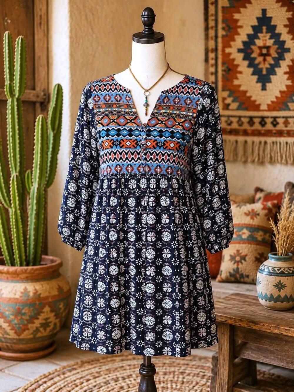Umgee Brand Southwestern Aztec Boho Dress Navy Floral Geometric Print Size Small